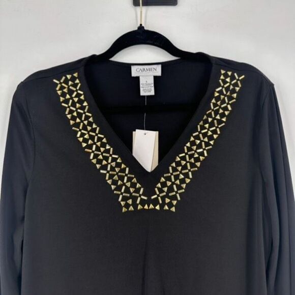 NWT Carmen Marc Valvo Women's V Neck Studded Tunic Blouse Black Gold Size Large - Picture 5 of 8